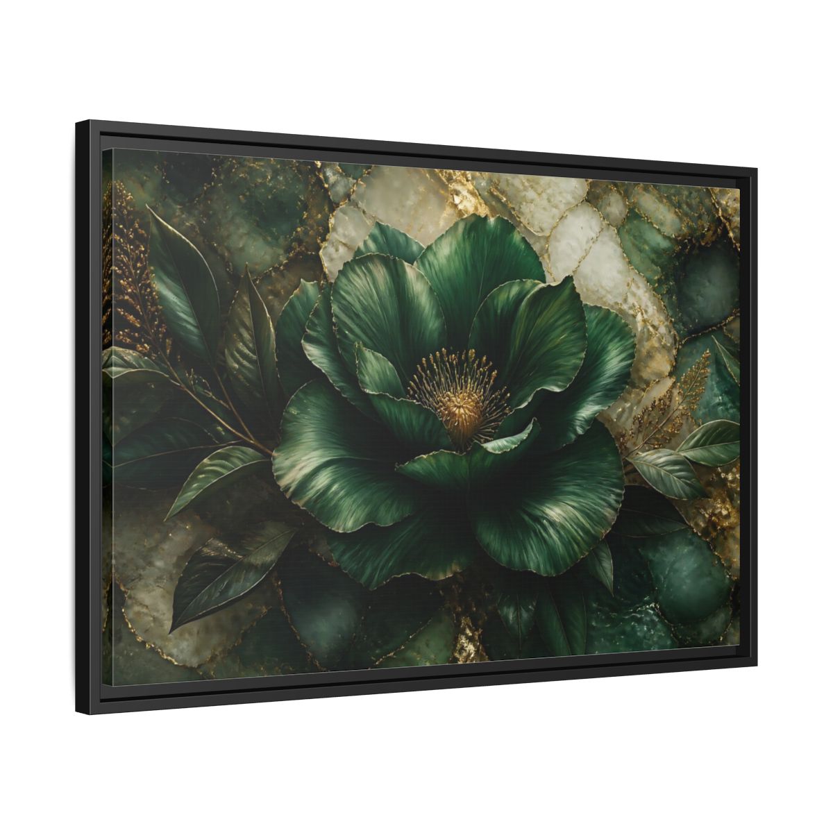 Side Mockup 14. Emerald Bloom With Gold shown as framed canvas print