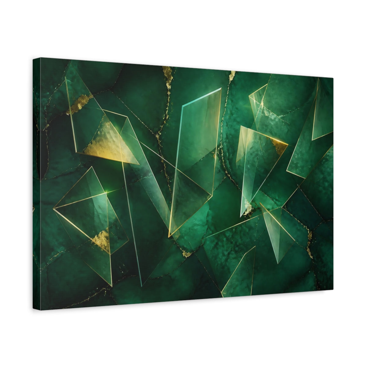 Side Mockup 3. Emerald Geometric Prisms shown as canvas print