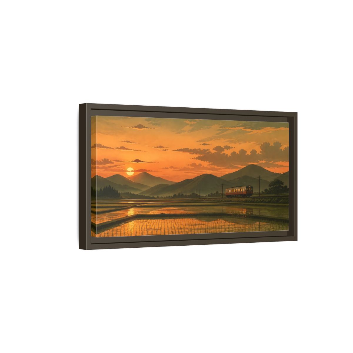 Side Mockup 7. Evening Train Through Rice Fields shown as framed canvas print