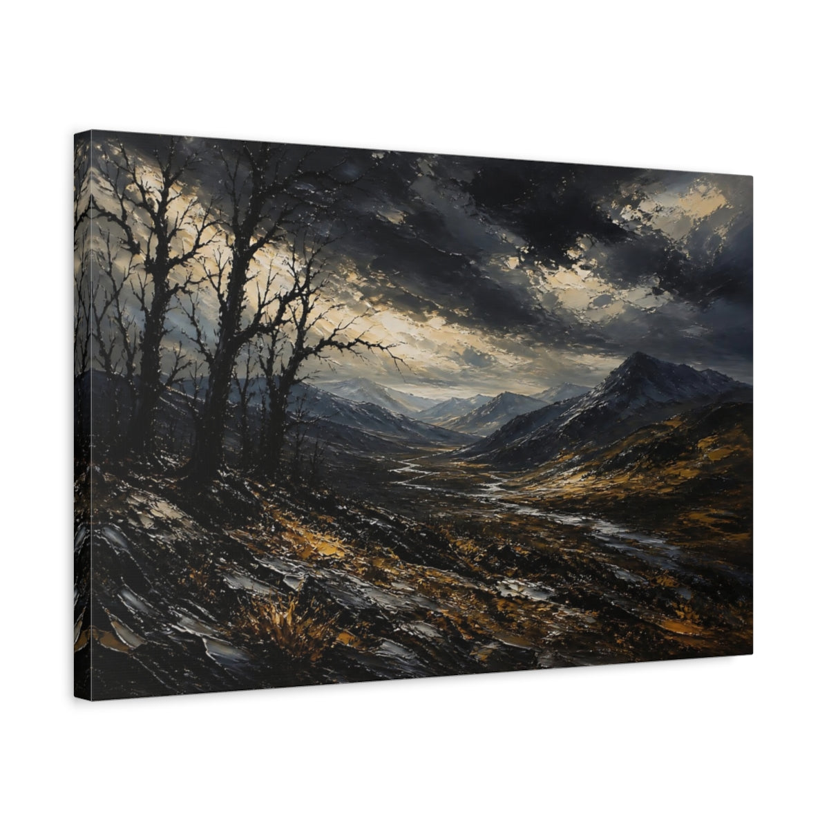 Side Mockup 3. Expressive Impasto Landscape Painting Black Trees Near Storm Valley In Dark Twilight shown as stretched canvas wall art