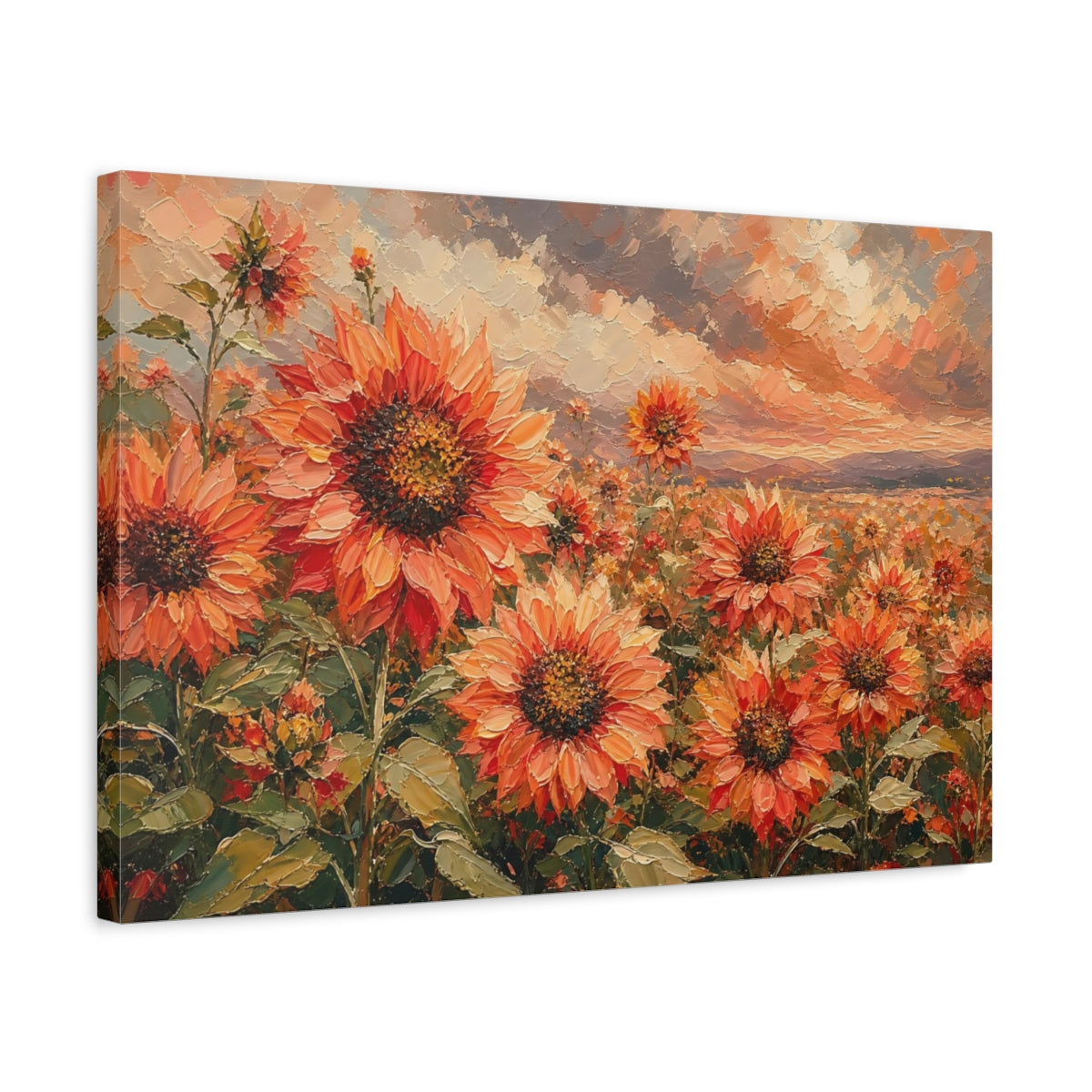 Side Mockup 3. Expressive Impasto Painting Field Of Coral Sunflowers Under Cloudy Sky shown as stretched canvas wall art