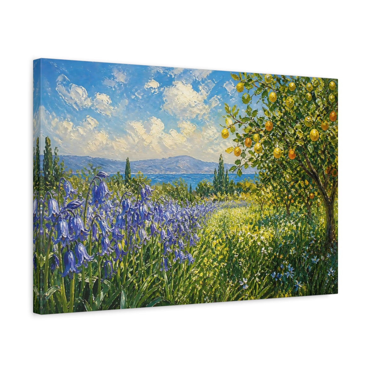 Side Mockup 3. Expressive Impasto Painting Row Of Lilac Bluebells Beside Citrus Grove shown as stretched canvas wall art