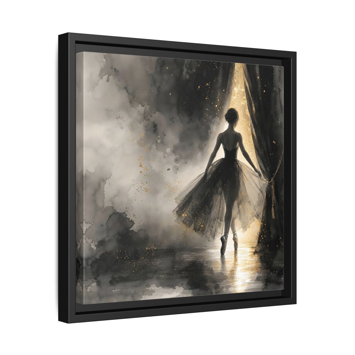 Side Mockup 32. Fairytale Ballerina Black And Gold shown as framed canvas print
