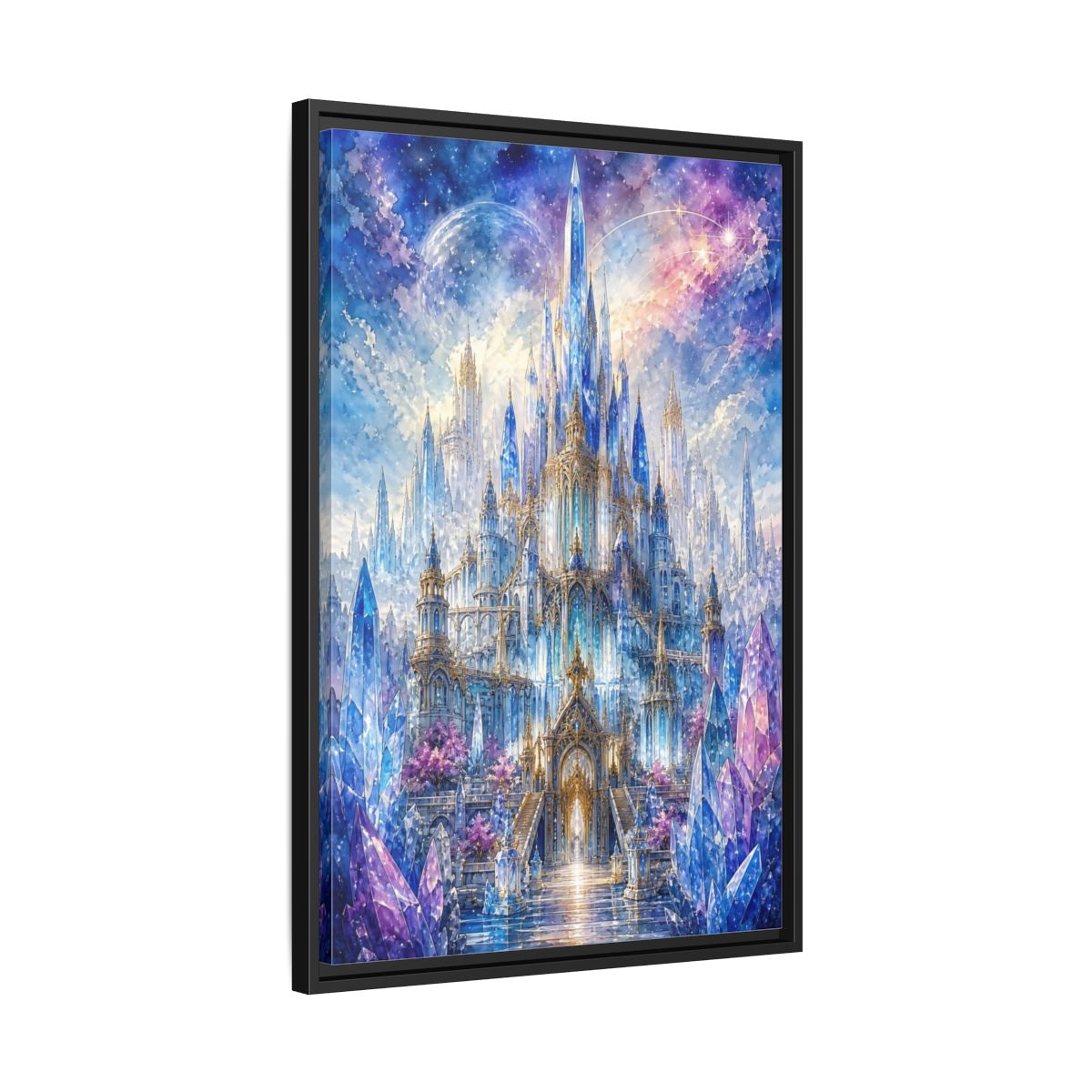Side Mockup 14. Fairytale Crystal Castle Blue And Purple Castle shown as stretched canvas wall art