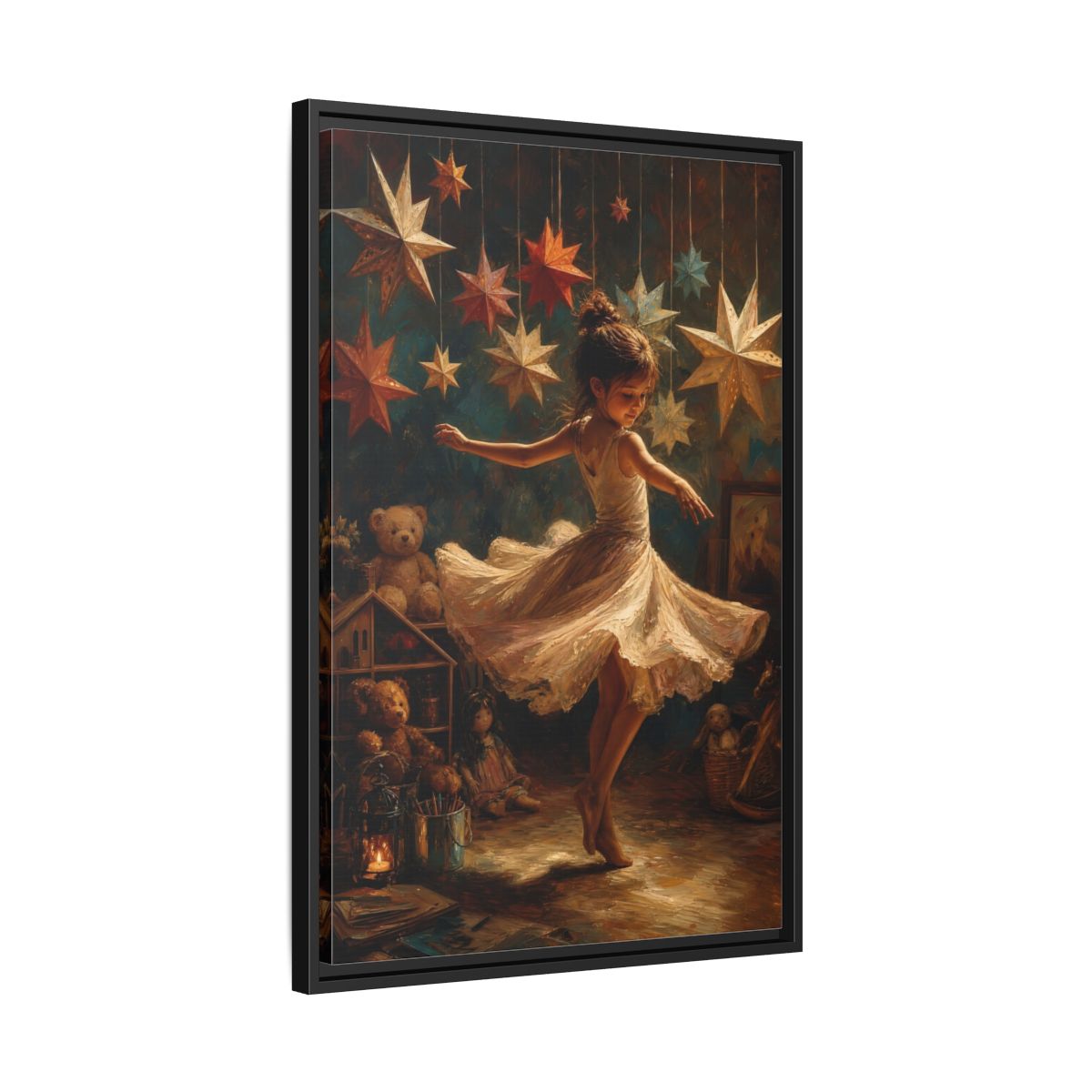 Side Mockup 14. Fairytale Dancing Girl Childhood Stars Art shown as framed canvas print