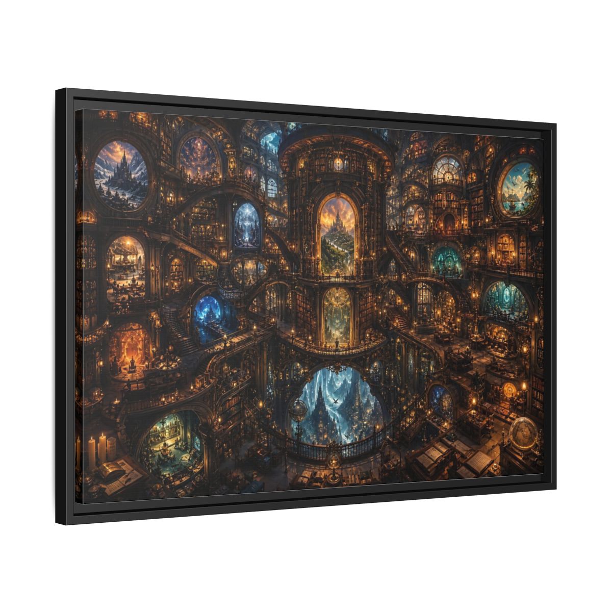 Side Mockup 14. Fairytale Grand Library Enchanted Library shown as stretched canvas wall art