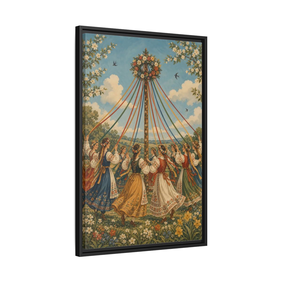 Side Mockup 14. Fairytale Maypole Dancers Colorful Maypole shown as framed canvas print