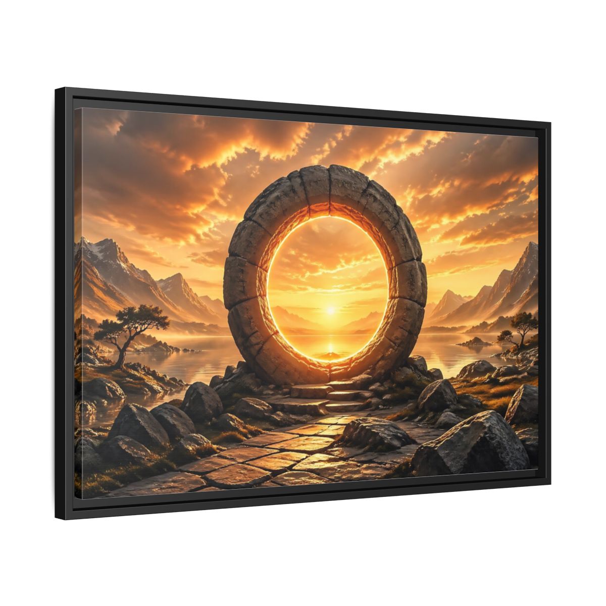 Side Mockup 14. Fairytale Stone Portal Glowing Portal Sunset shown as stretched canvas wall art