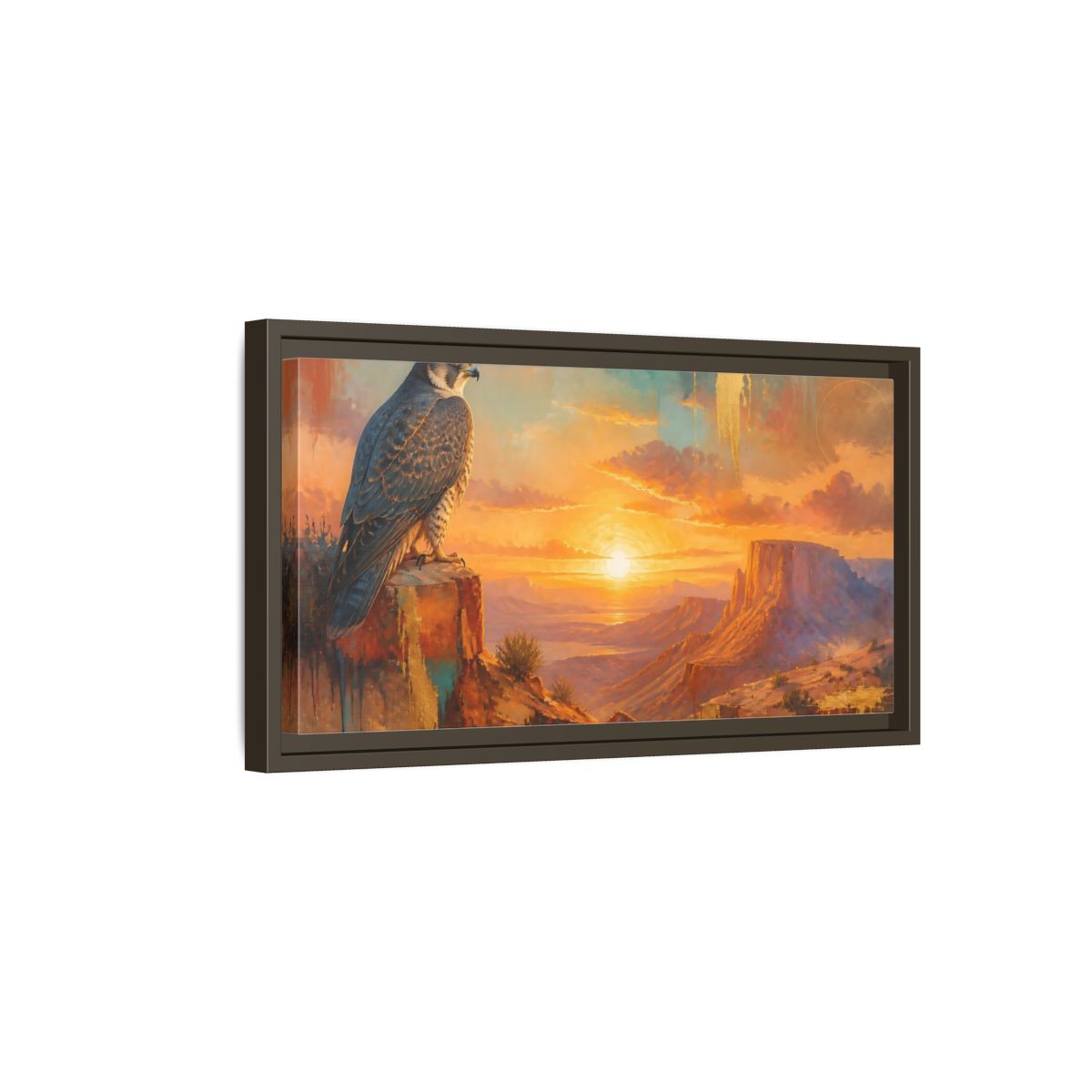 Side Mockup 7. Falcon At Desert Sunrise shown as framed canvas print