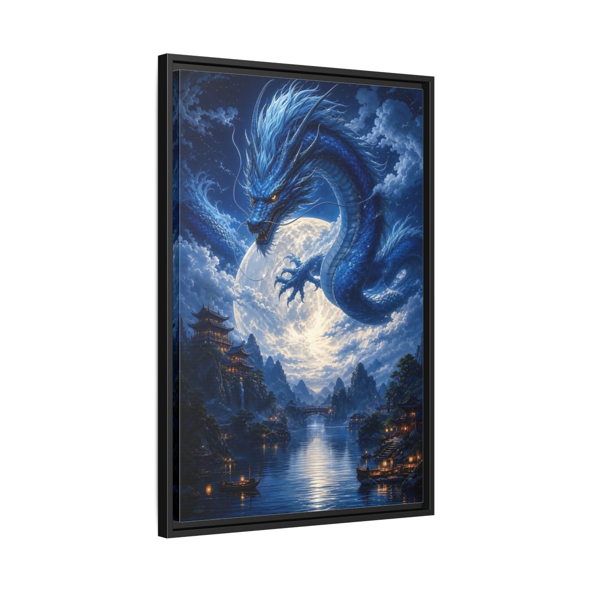 Side Mockup 14. Fantasy Blue Dragon Blue Dragon Landscape shown as stretched canvas wall art