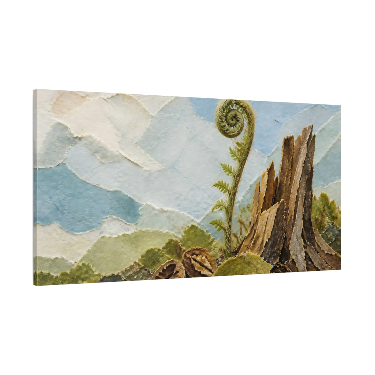Side Mockup 2. Fiddlehead And Stump shown as canvas print