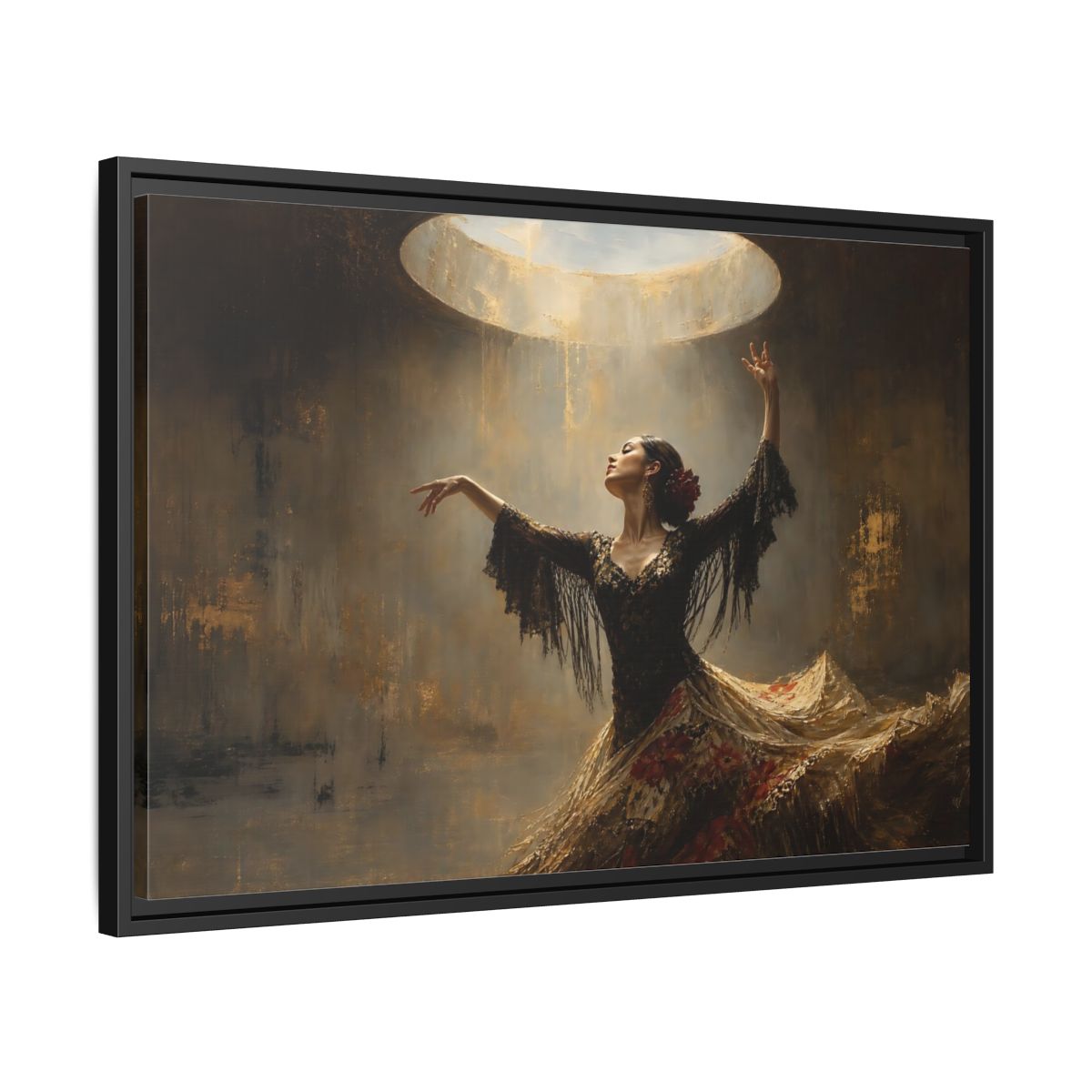 Side Mockup 14. Flamenco In Golden Light shown as framed canvas print