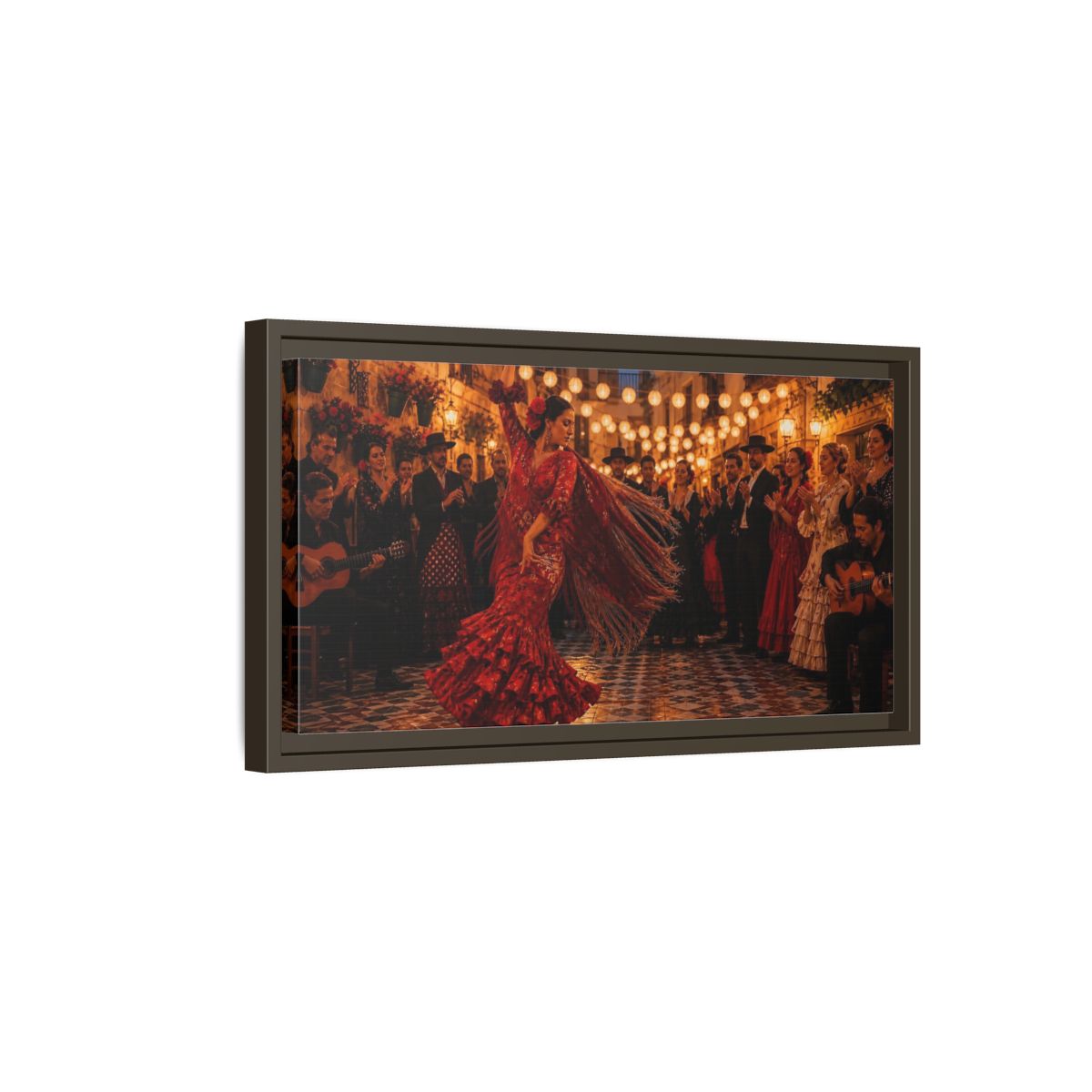 Side Mockup 7. Flamenco Street Celebration shown as framed canvas print