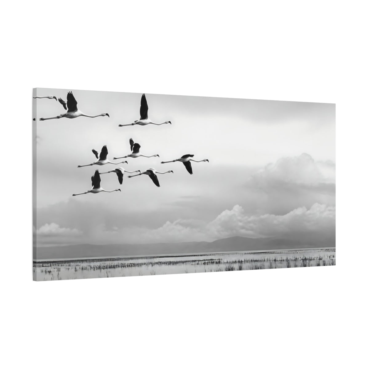 Side Mockup 2. Flamingo Flock In Flight shown as canvas print
