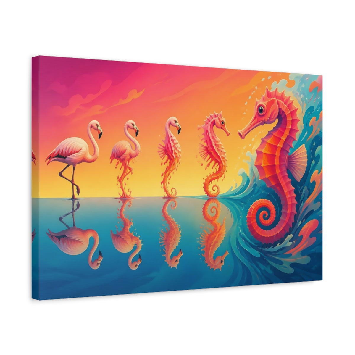Side Mockup 3. Flamingo To Seahorse shown as canvas print