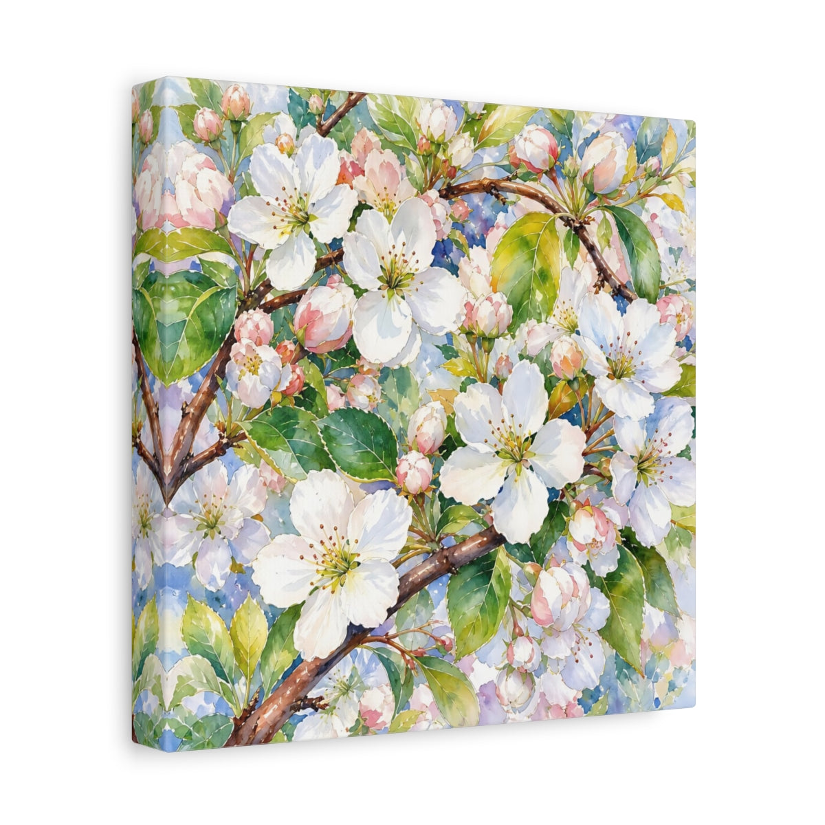 Side Mockup 9. Floral Apple Blossoms Spring Blossoms shown as stretched canvas wall art