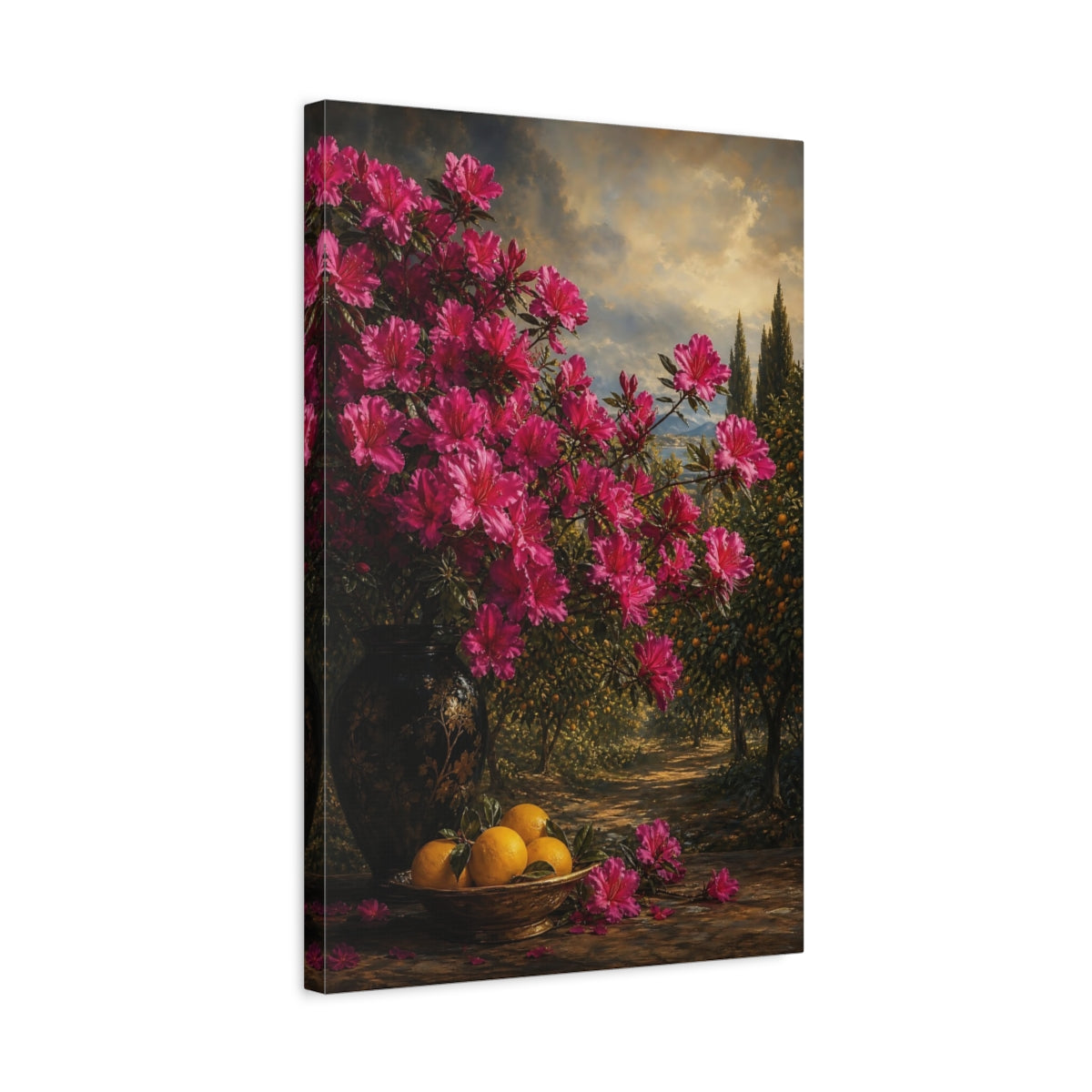 Side Mockup 3. Floral Azalea Flowers Pink Floral Landscape shown as stretched canvas wall art