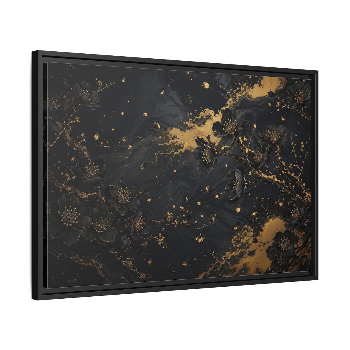 Side Mockup 14. Floral Black Blossoms Black Gold Floral shown as stretched canvas wall art