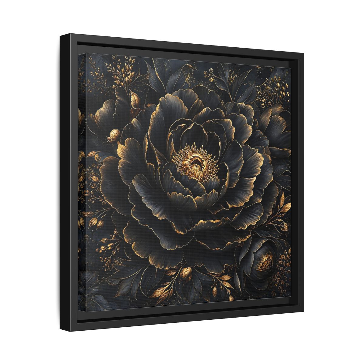 Floral Black Flower and Gold Framed Canvas Wall Art - Living Room, Above Console Table shown as canvas wall art