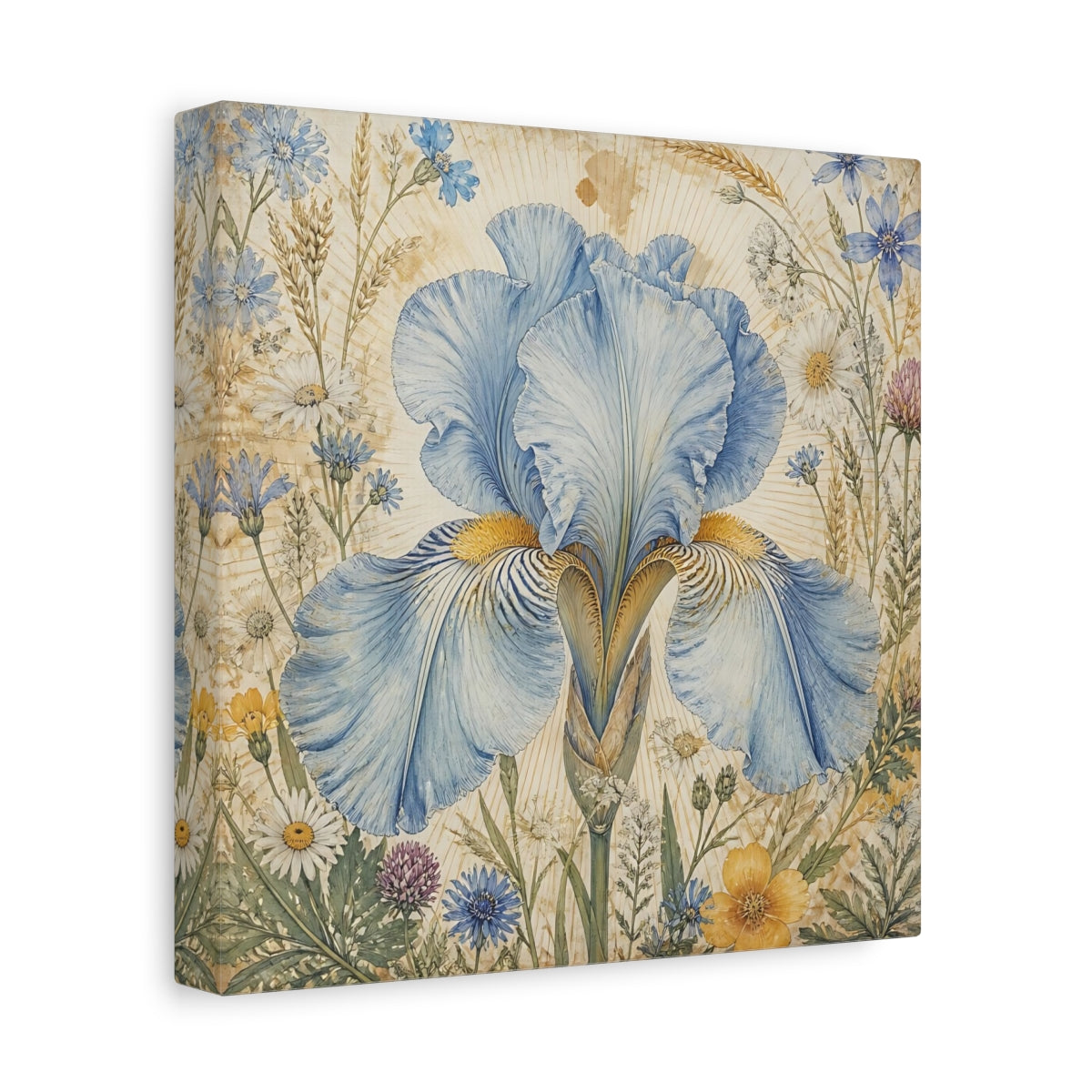Side Mockup 9. Floral Blue Iris Blue Floral shown as stretched canvas wall art