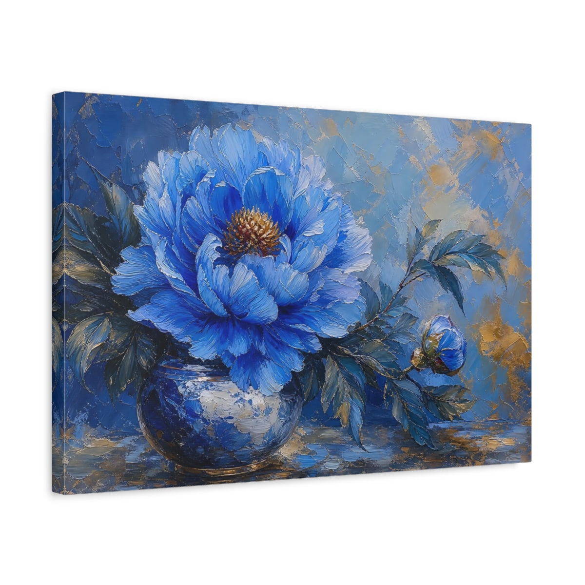 Side Mockup 3. Floral Blue Peony Blue Gold Peony shown as stretched canvas wall art