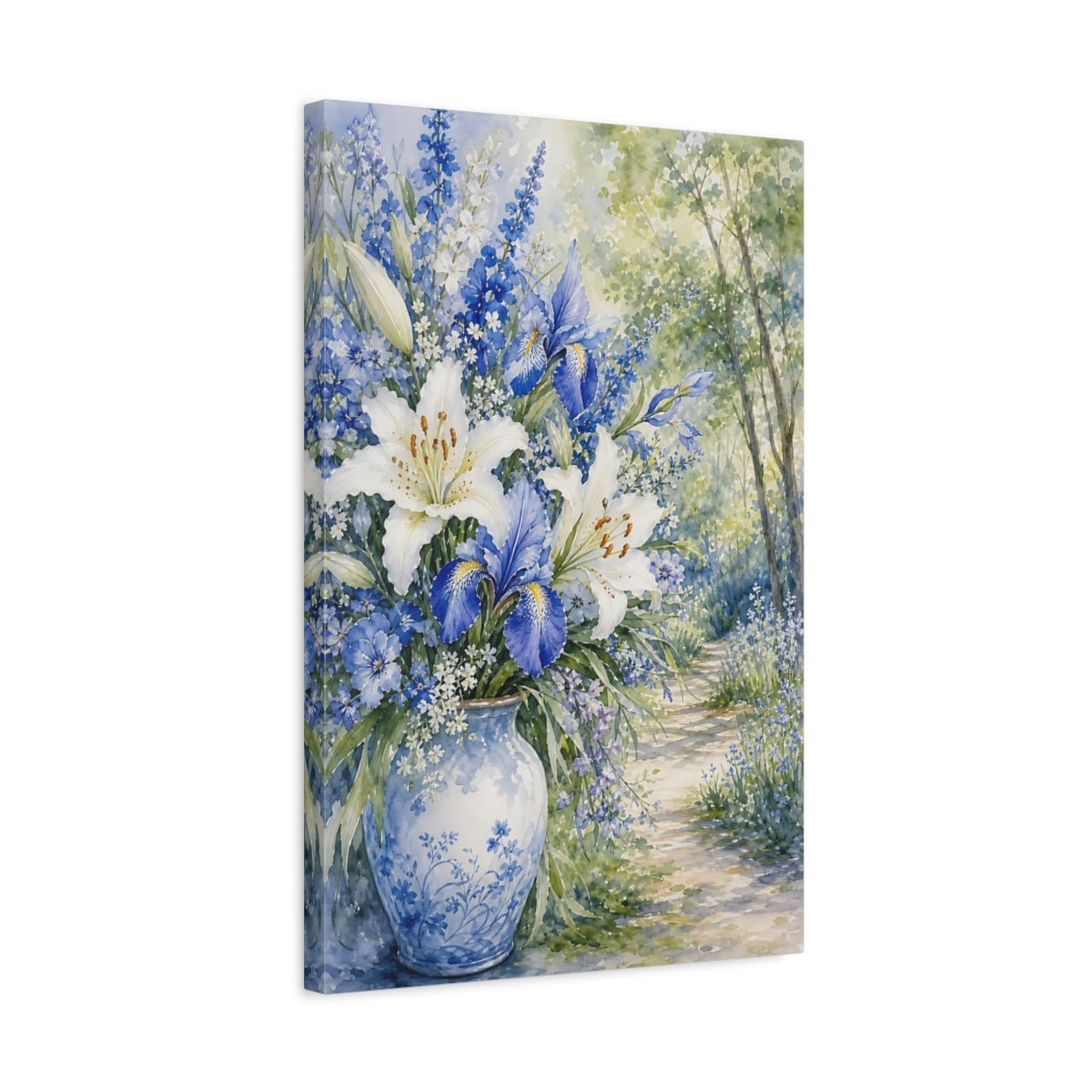 Side Mockup 3. Floral Floral Bouquet Blue White Floral shown as stretched canvas wall art