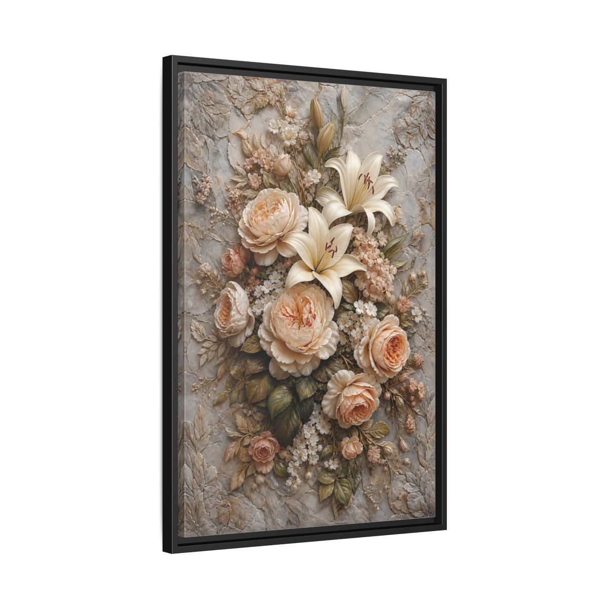 Side Mockup 14. Floral Floral Bouquet Soft Peach Grey shown as stretched canvas wall art