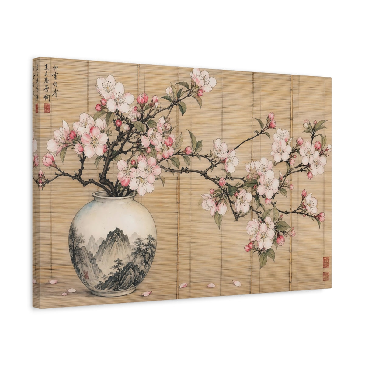 Side Mockup 3. Floral Cherry Blossoms Pink Cherry Blossoms shown as stretched canvas wall art
