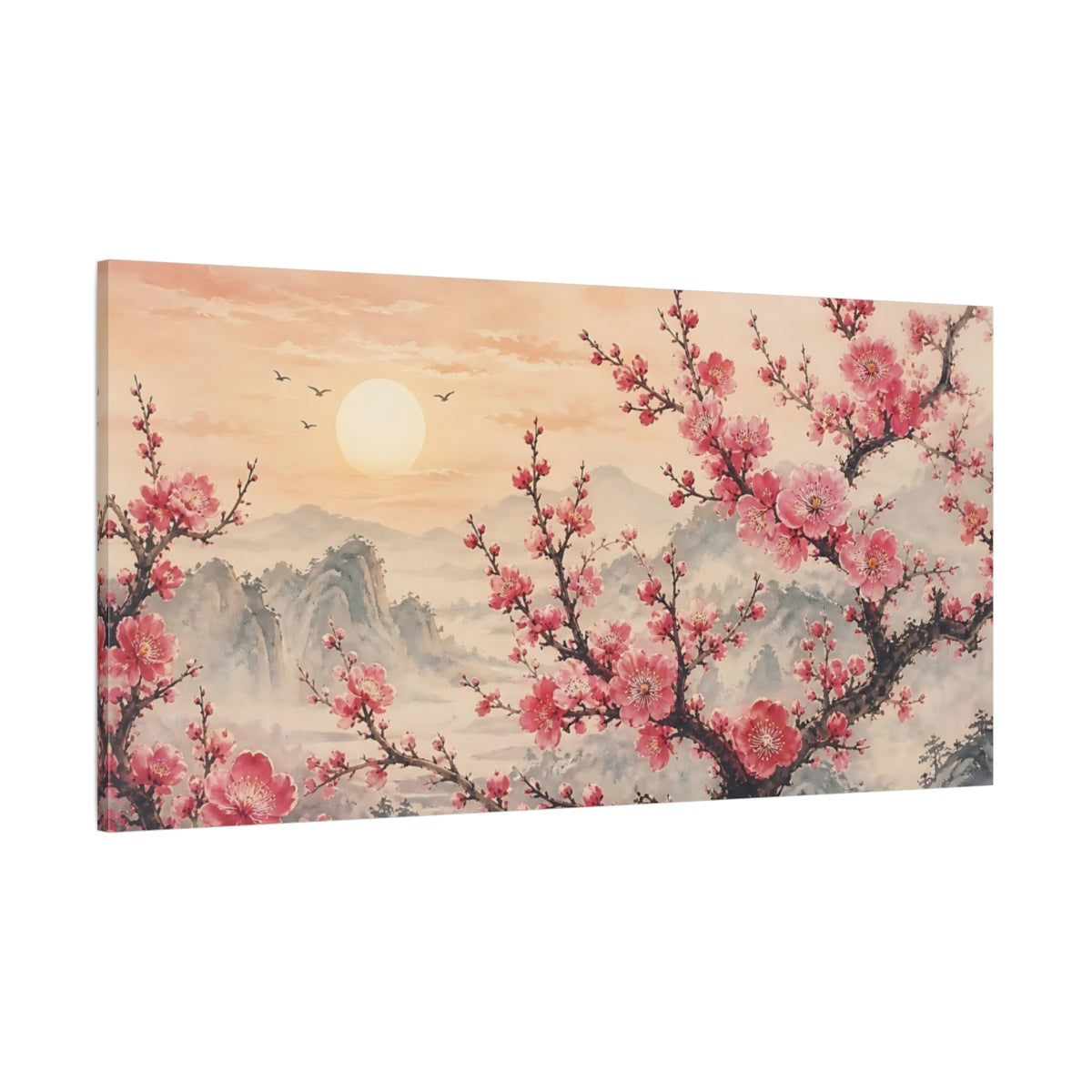 Side Mockup 2. Floral Cherry Blossoms Pink Floral Sunset shown as stretched canvas wall art