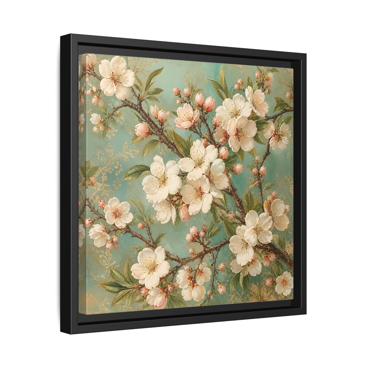 Side Mockup 32. Floral Cherry Blossoms Cherry Blossom Teal shown as stretched canvas wall art