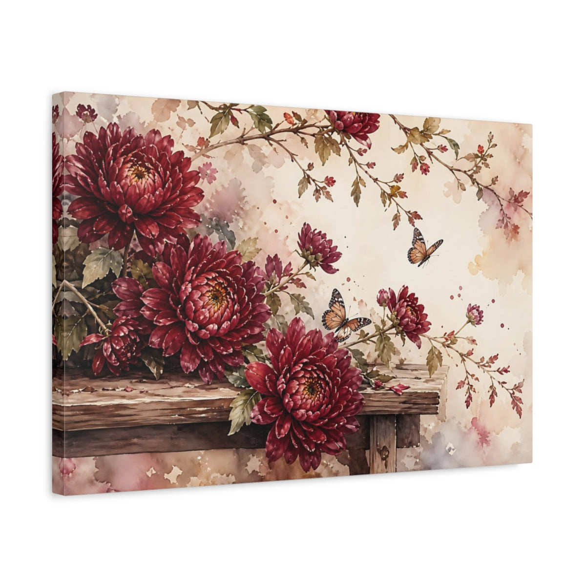 Side Mockup 3. Floral Chrysanthemums Red Floral shown as stretched canvas wall art