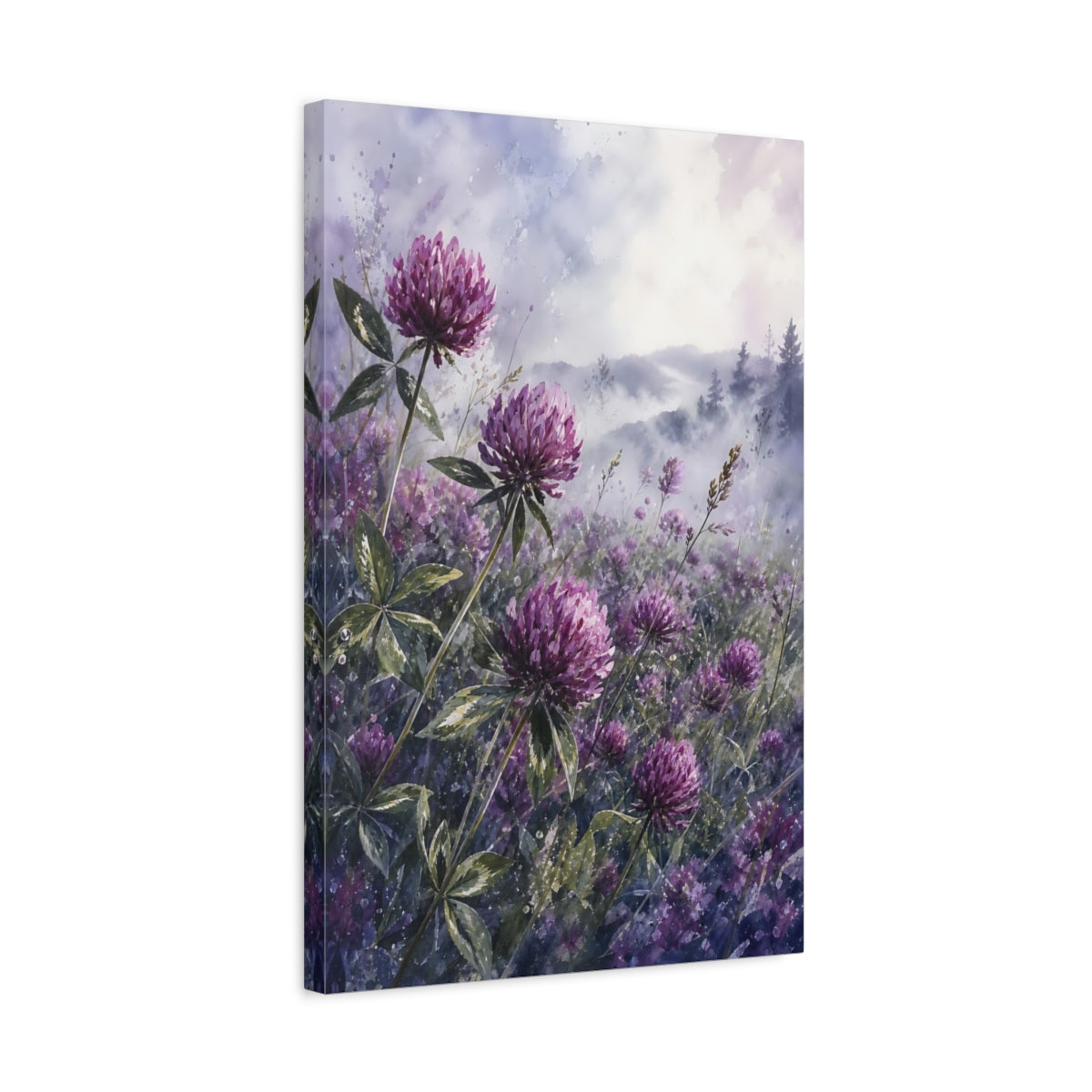Side Mockup 3. Floral Clover Flowers Purple Clover shown as stretched canvas wall art