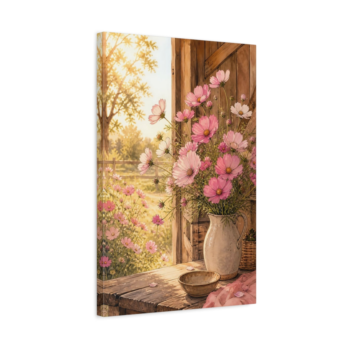 Side Mockup 3. Floral Cosmos Flowers Pink Cosmos Floral shown as stretched canvas wall art