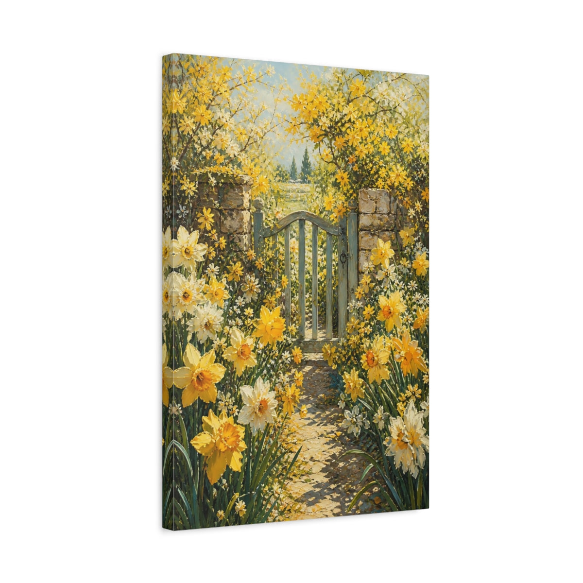 Side Mockup 3. Floral Daffodil Garden Yellow Garden Gate shown as stretched canvas wall art