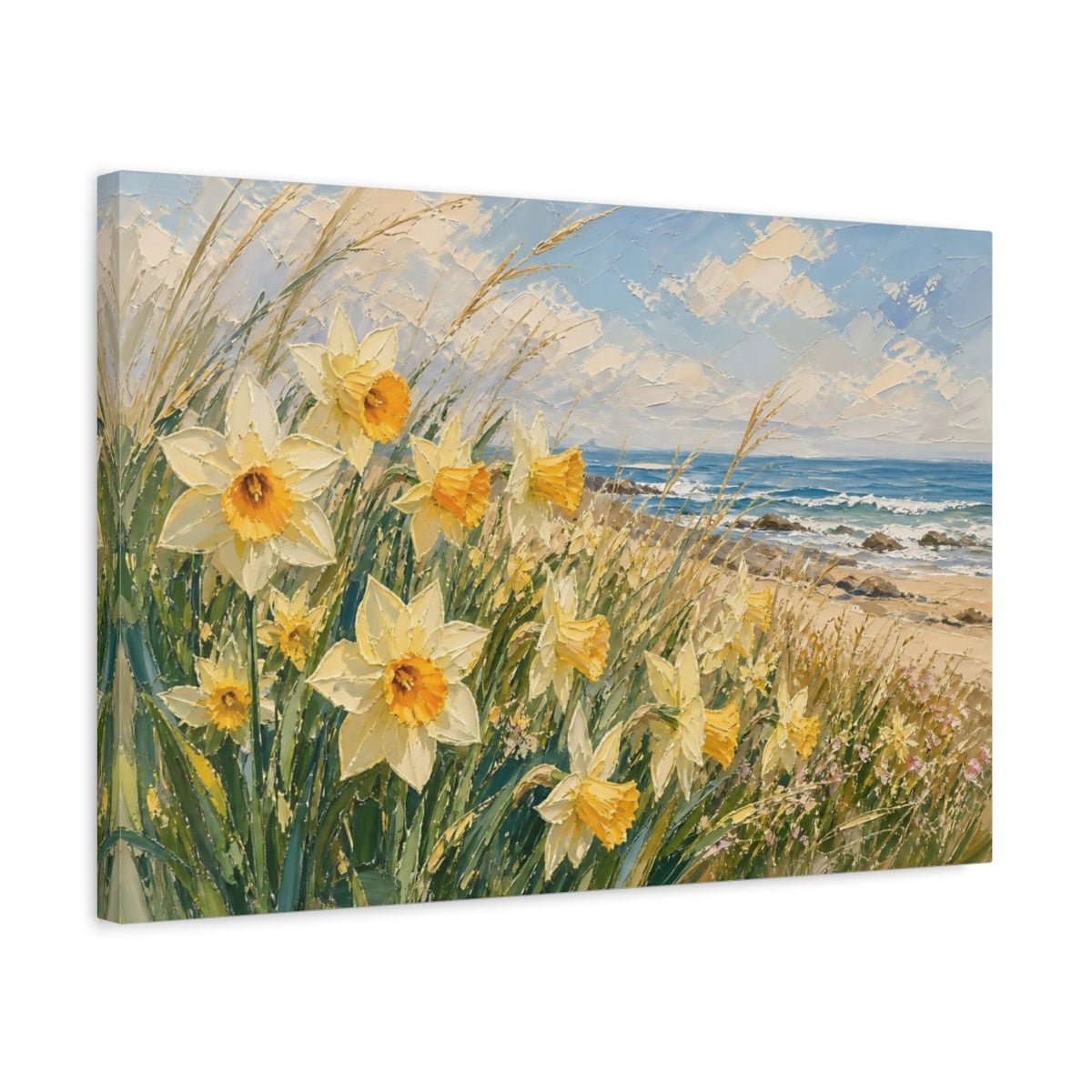 Side Mockup 3. Floral Daffodils Yellow Coastal Floral shown as stretched canvas wall art