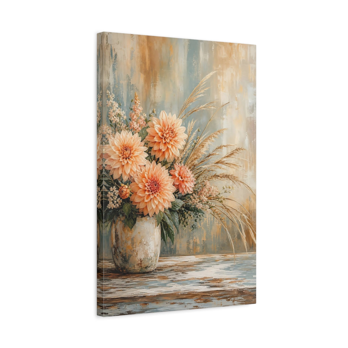 Side Mockup 3. Floral Dahlias Peach And Blue Flowers shown as stretched canvas wall art