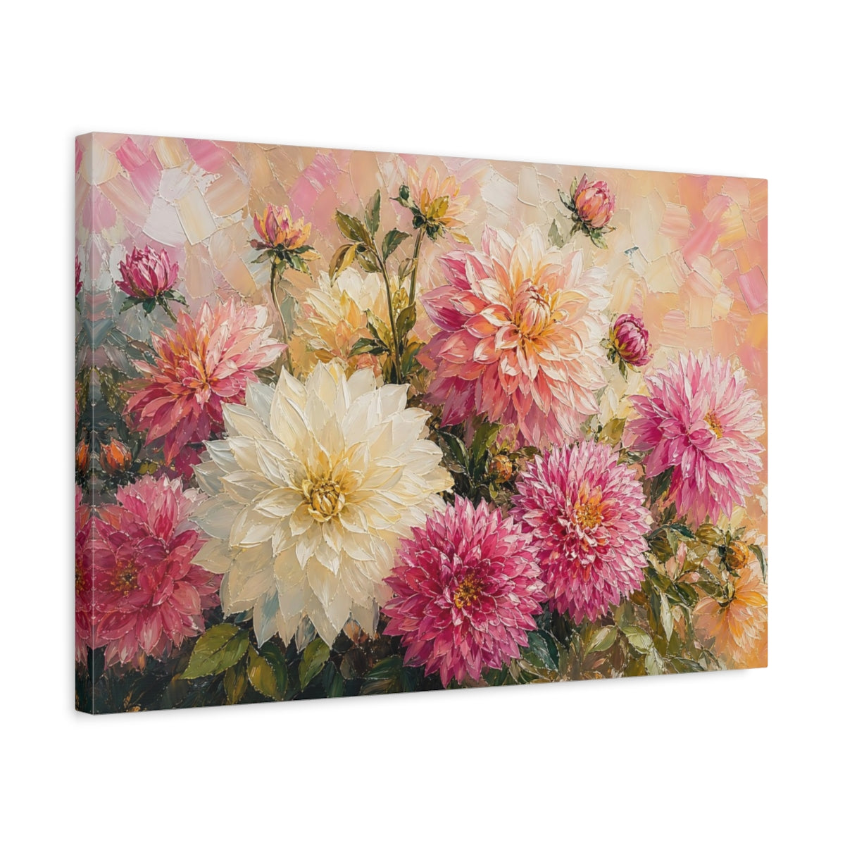 Side Mockup 3. Floral Dahlias Pink Yellow Dahlias shown as stretched canvas wall art