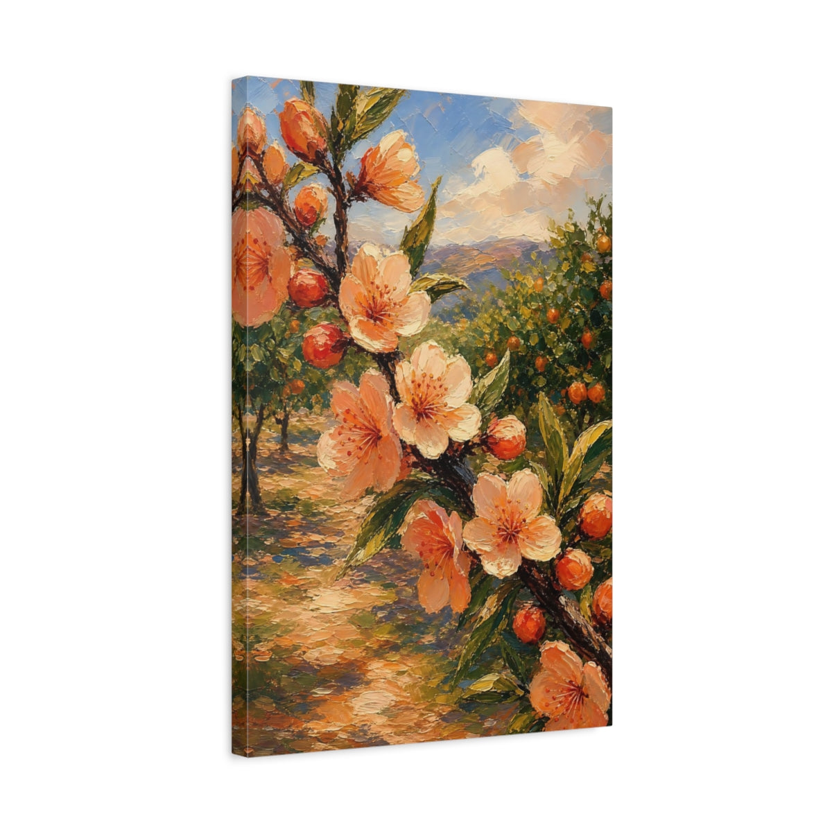 Side Mockup 3. Floral Fruit Blossoms Peach Orchard View shown as stretched canvas wall art