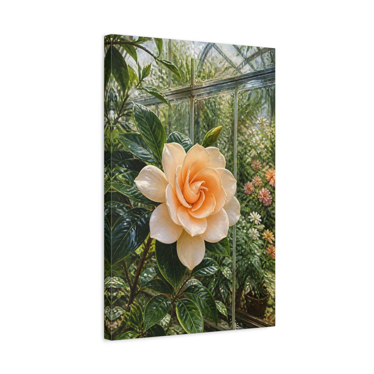 Side Mockup 3. Floral Gardenia Cream Gardenia shown as stretched canvas wall art
