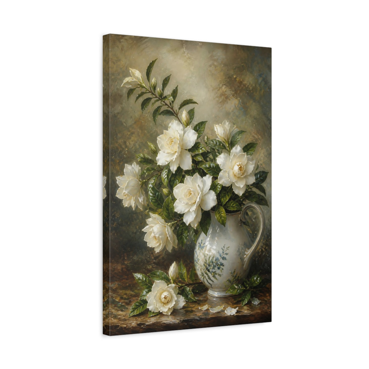 Side Mockup 3. Floral Gardenias White And Green shown as stretched canvas wall art