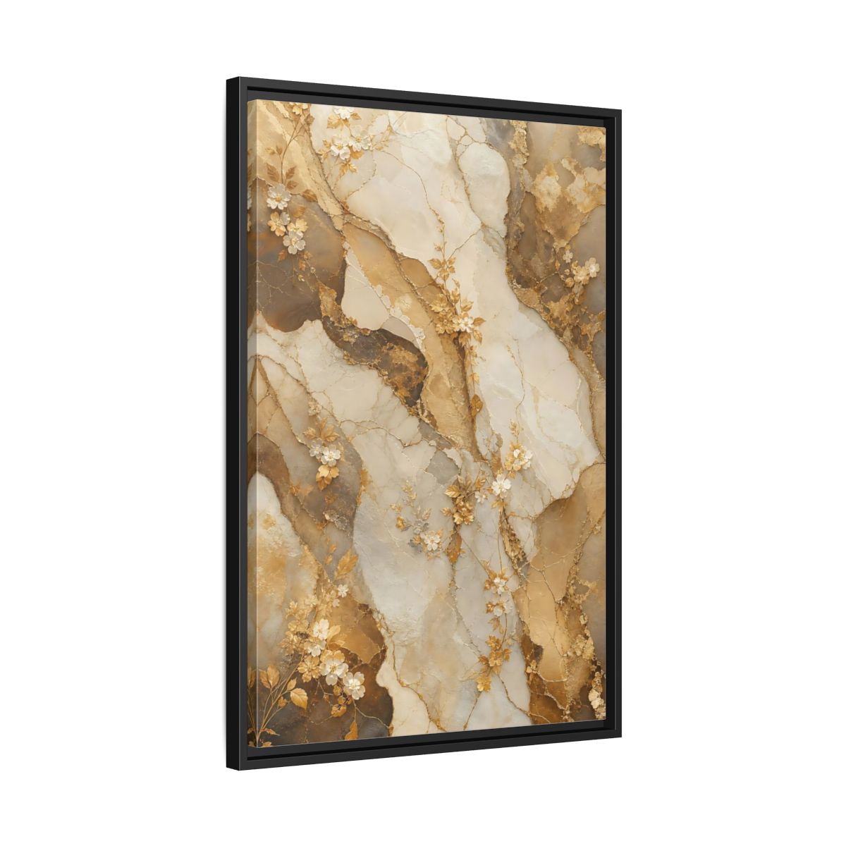 Side Mockup 14. Floral Gold Flowers Gold Cream Marble Floral shown as stretched canvas wall art