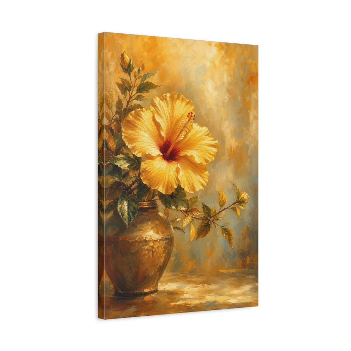 Side Mockup 3. Floral Hibiscus Golden Hibiscus shown as stretched canvas wall art