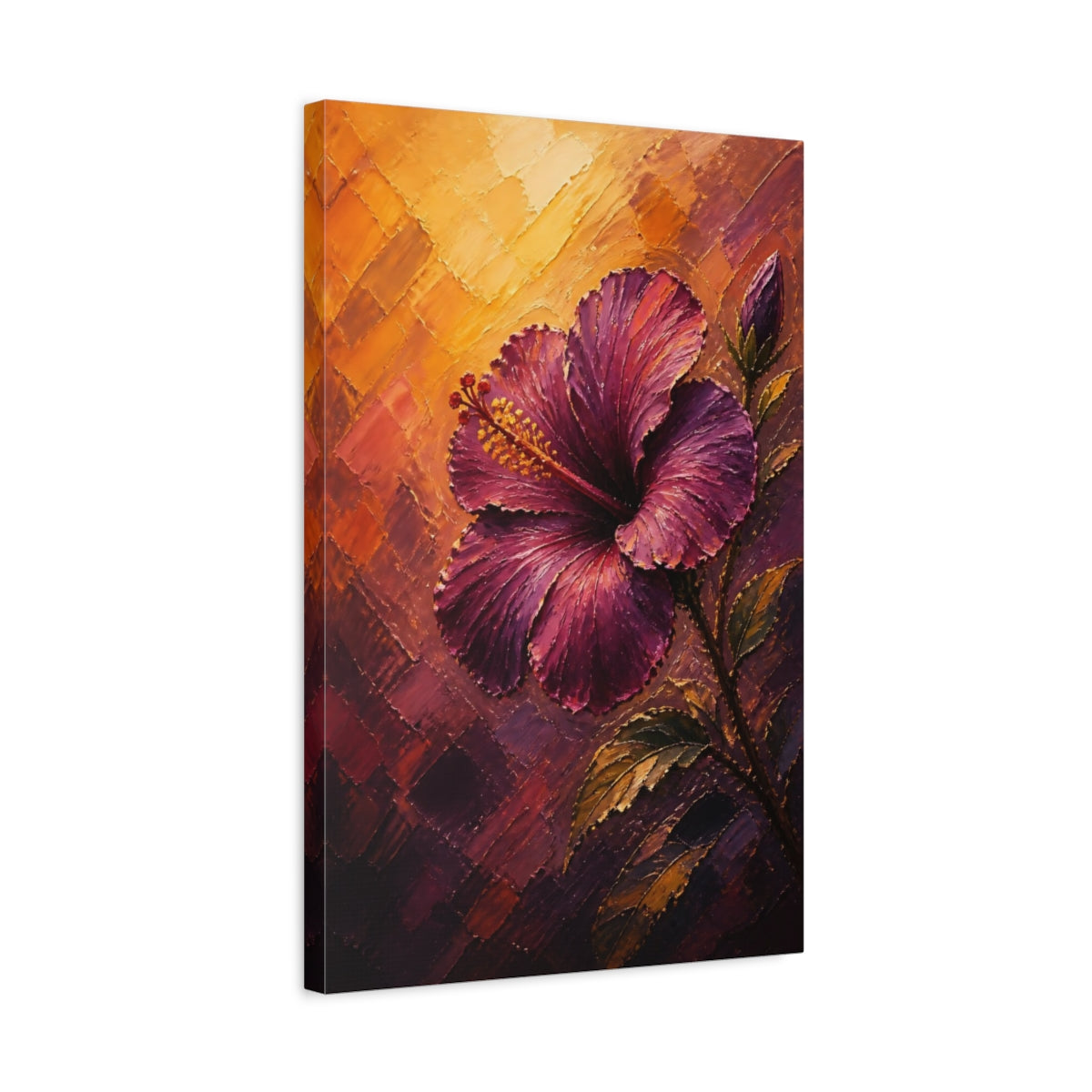 Side Mockup 3. Floral Hibiscus Purple And Orange shown as stretched canvas wall art