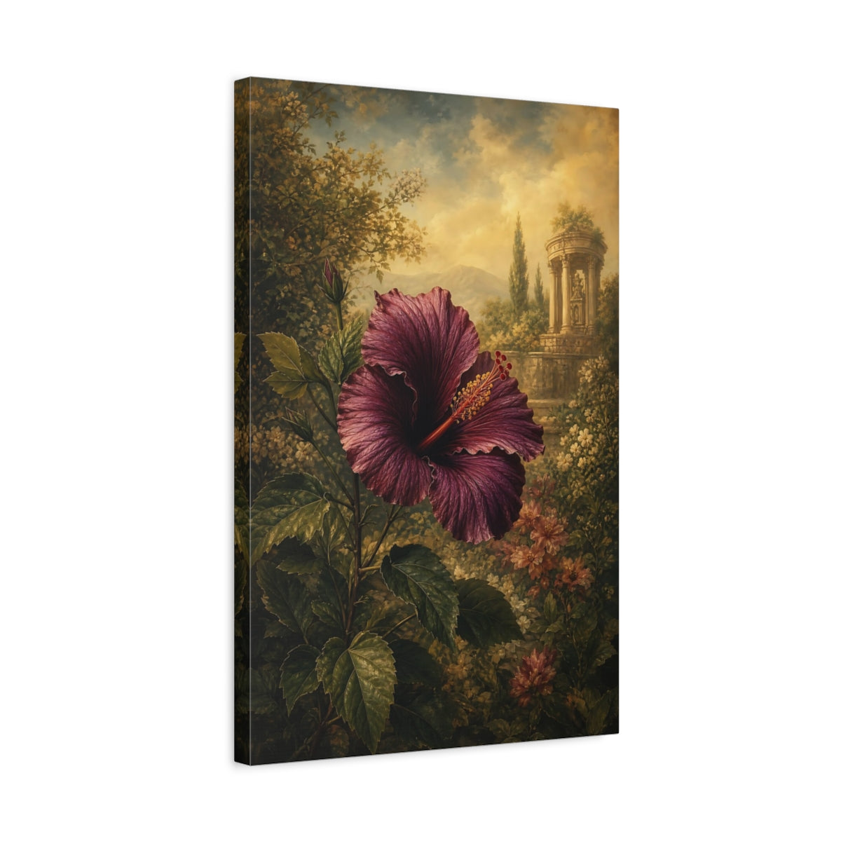 Side Mockup 3. Floral Hibiscus Purple Hibiscus shown as stretched canvas wall art