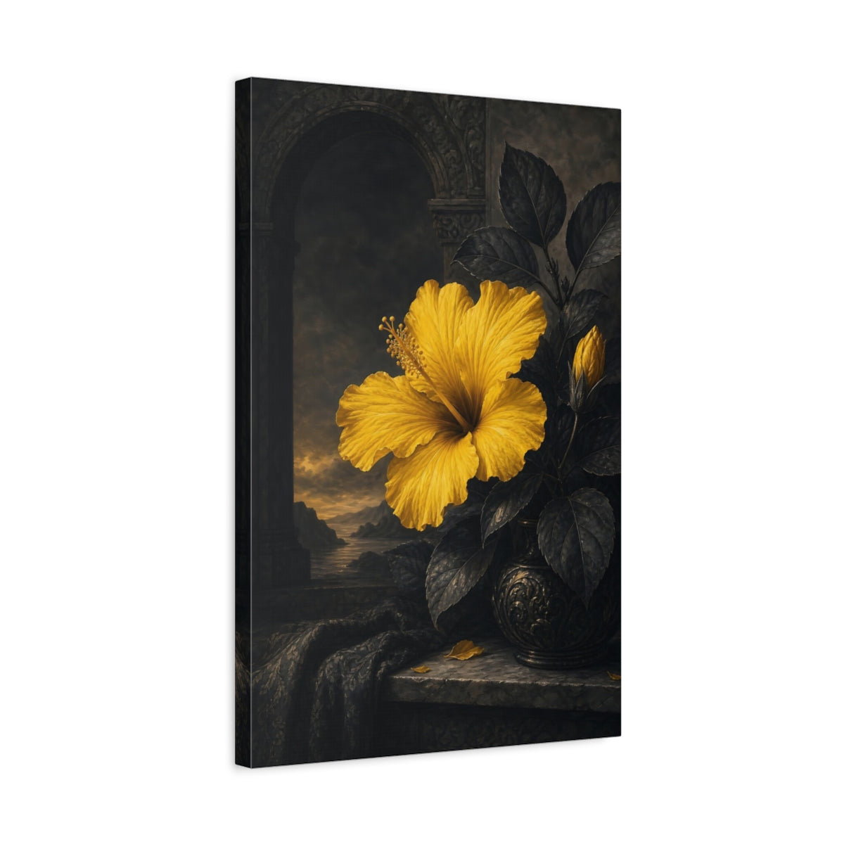 Side Mockup 3. Floral Hibiscus Yellow And Black shown as stretched canvas wall art