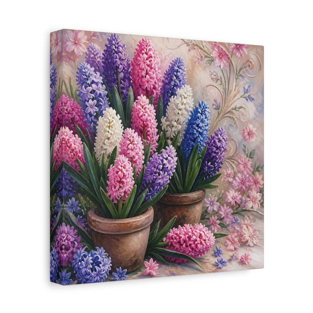 Side Mockup 9. Floral Hyacinths In Pots shown as canvas print