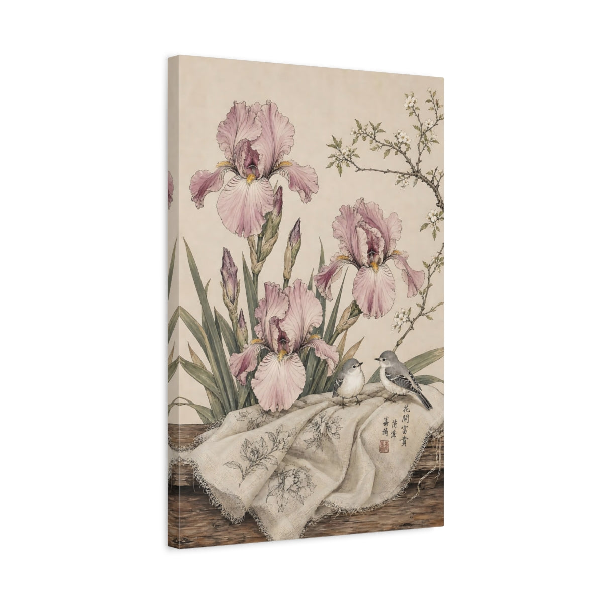 Side Mockup 3. Floral Irises, Birds Pink Irises Birds shown as stretched canvas wall art