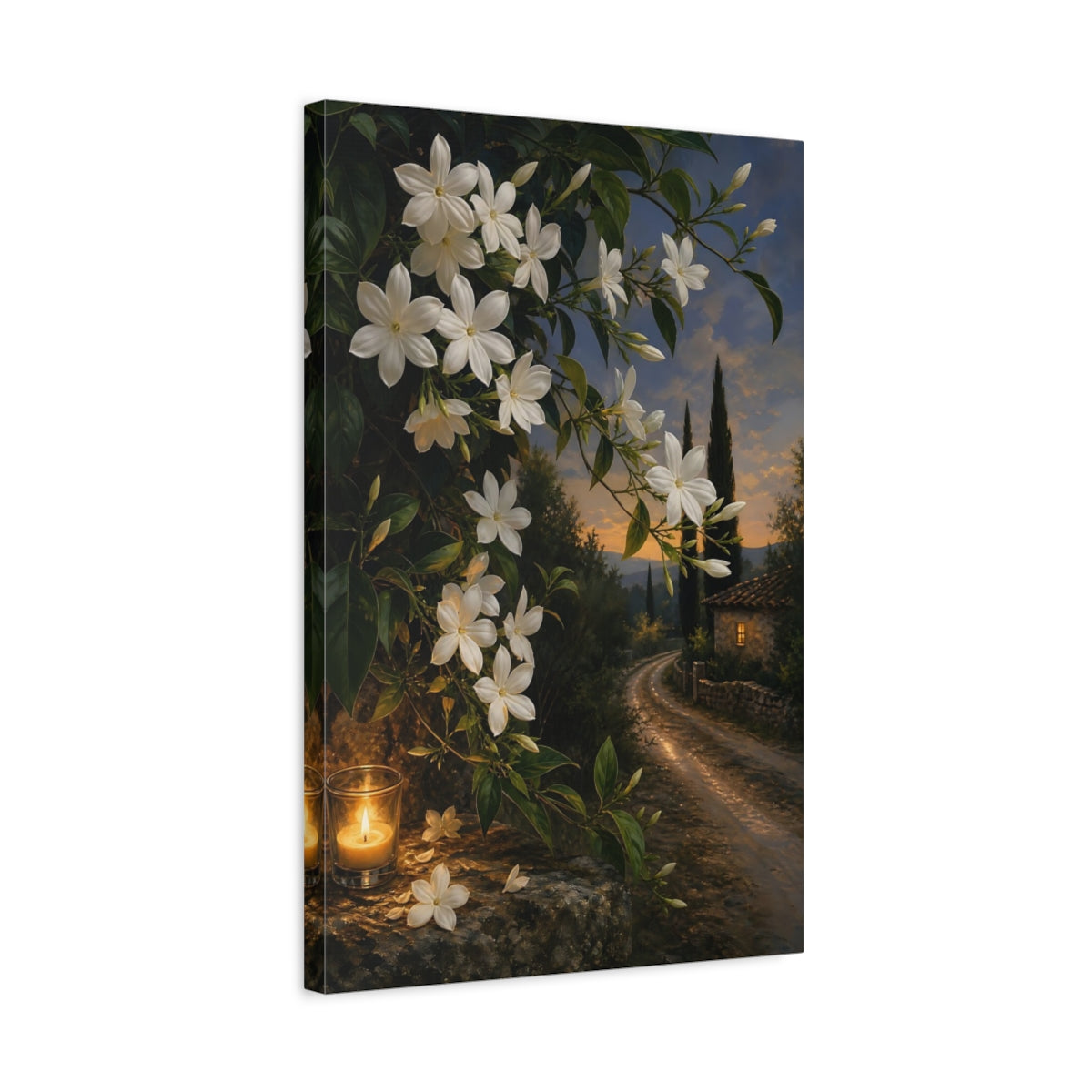 Side Mockup 3. Floral Jasmine Flowers White Jasmine Evening shown as stretched canvas wall art
