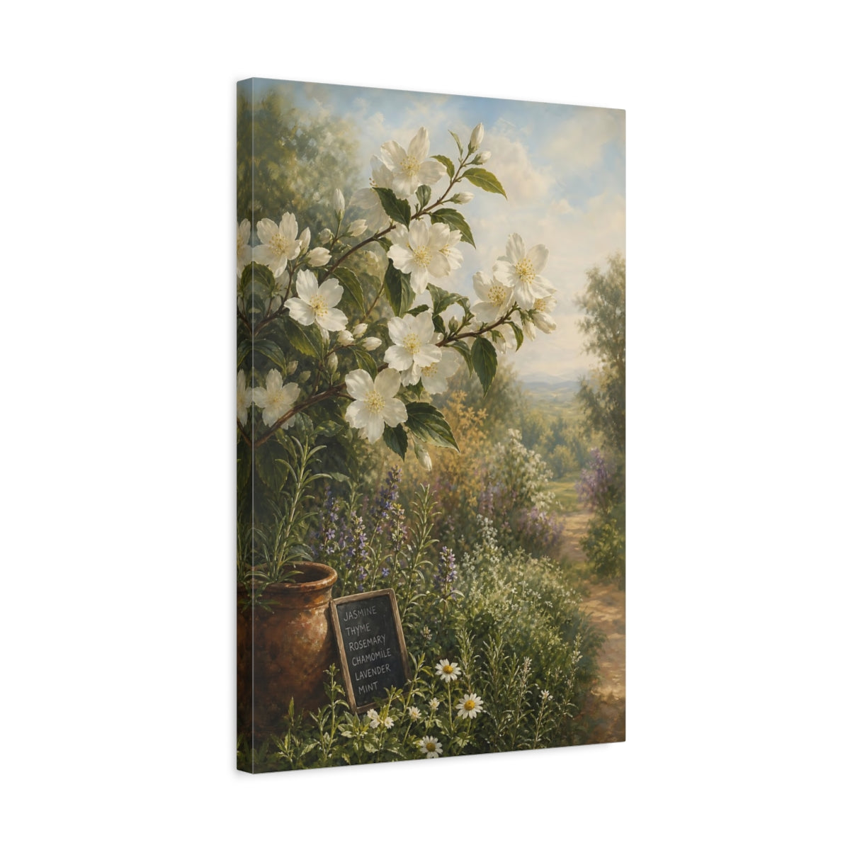 Side Mockup 3. Floral Jasmine Flowers White Floral Garden shown as stretched canvas wall art