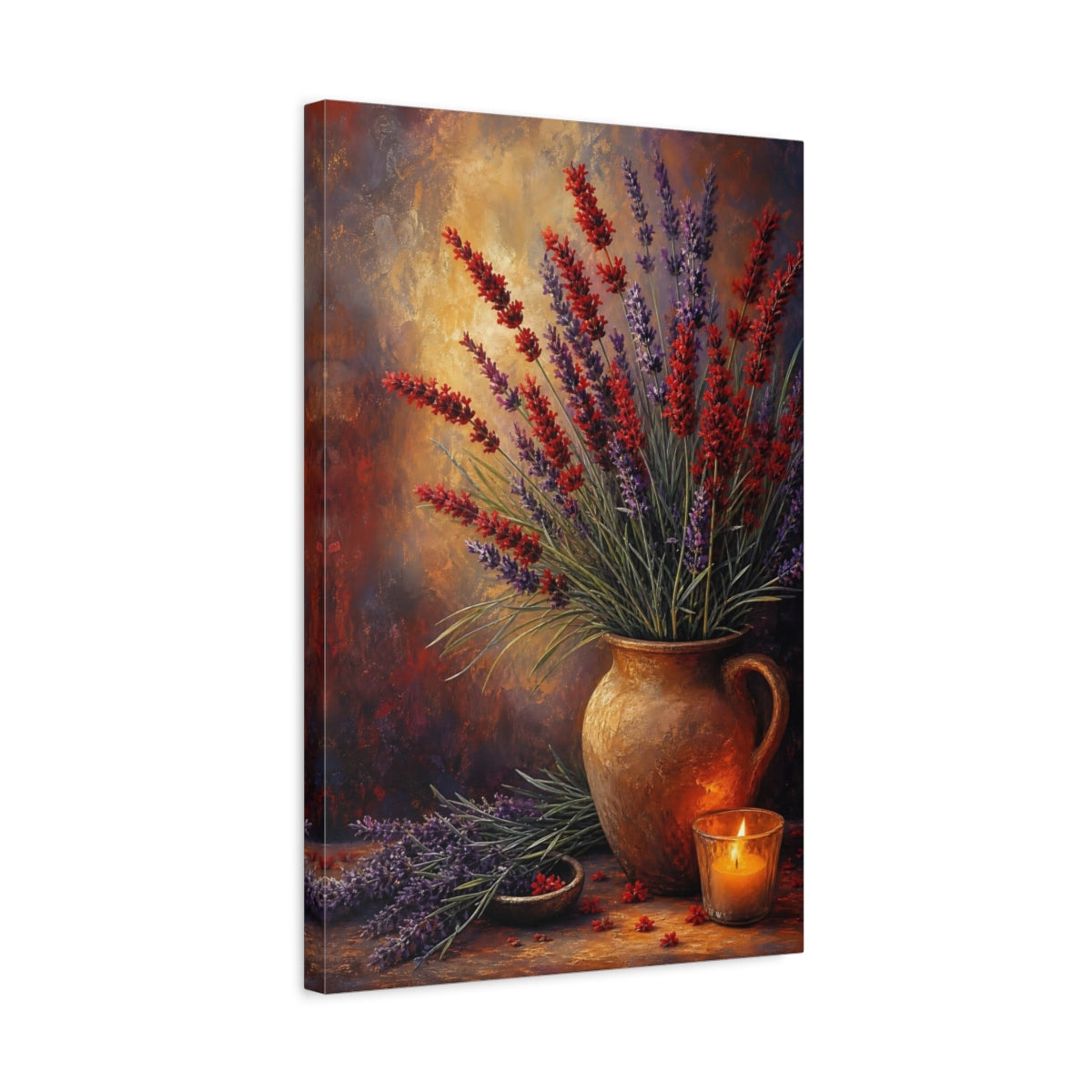 Side Mockup 3. Floral Lavender Purple Red Lavender shown as stretched canvas wall art